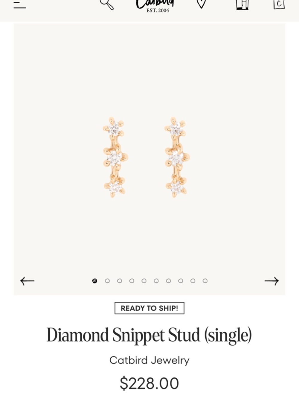 Catbird Gold Diamond Snippet Stud Earrings - Yellow Gold (SINGLE)